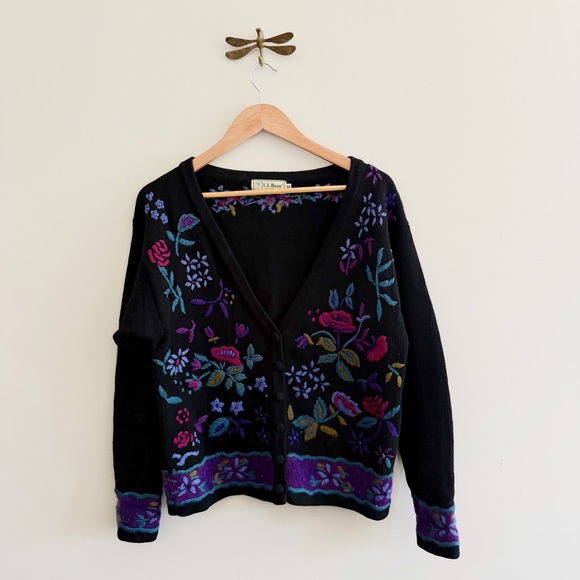 L.L. Bean Sweaters - L.L. Bean 100% Wool Vintage Black Floral Embroidered Cardigan Knit Sweater